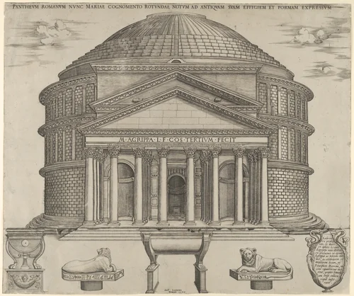 Elevation of the Pantheon in Rome, reconstructed to its original form by anonymous, print, 1549