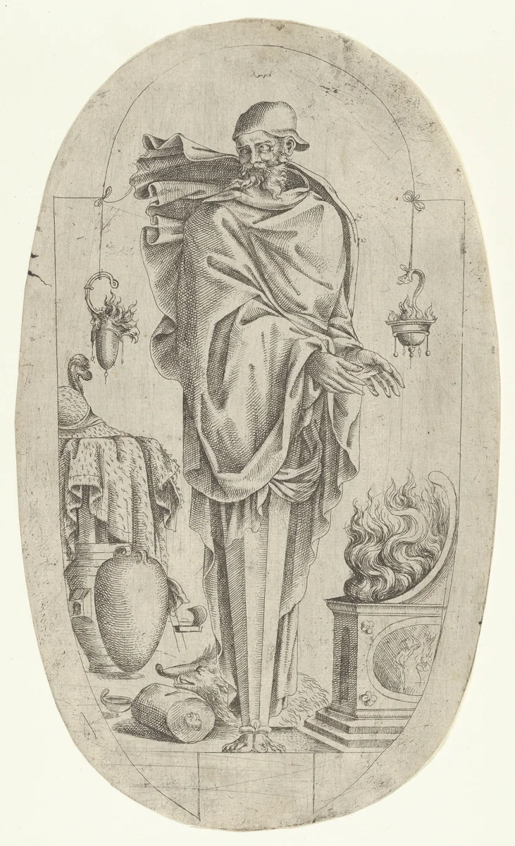 Term in the Form of an Old Man Warming His Hands by Jean Mignon, print, 1535-1555