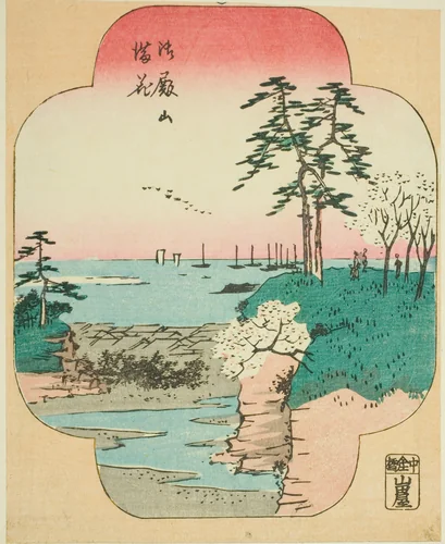 Cherry Blossoms in Full Bloom at Goten Hill (Gotenyama manka), section of a sheet from the series "Cutout Pictures of Famous Places in Edo (Edo meisho harimaze zue)" by Utagawa Hiroshige (歌川広重), print, 1857