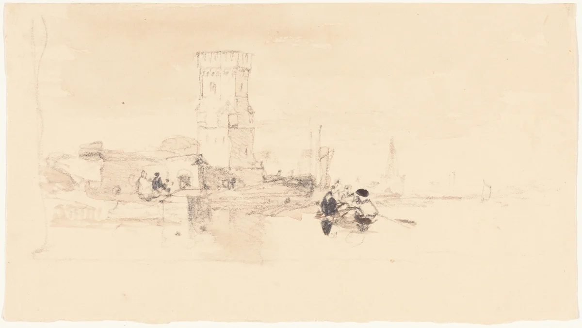Tower Overlooking Water by William James Müller, drawing, 1800-1850
