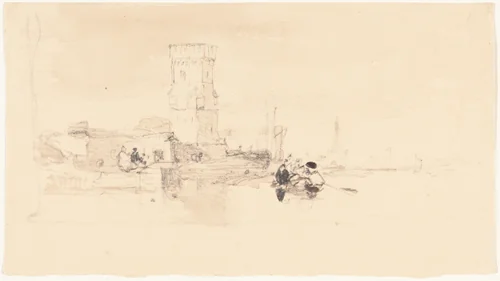 Tower Overlooking Water by William James Müller, drawing, 1800-1850