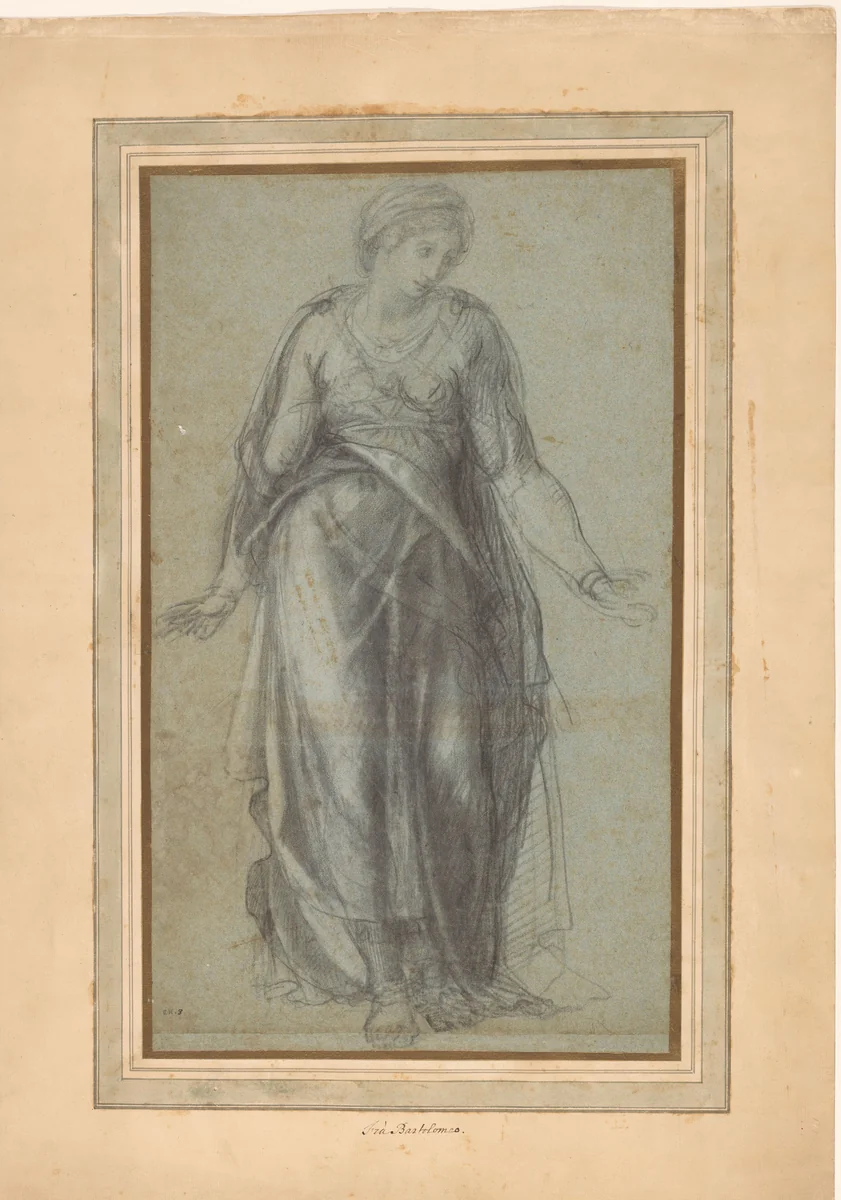 Staande vrouw met armen geopend by anonymous, drawing, 1500-1599