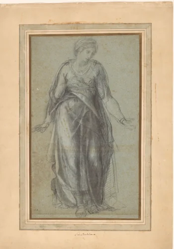 Staande vrouw met armen geopend by anonymous, drawing, 1500-1599