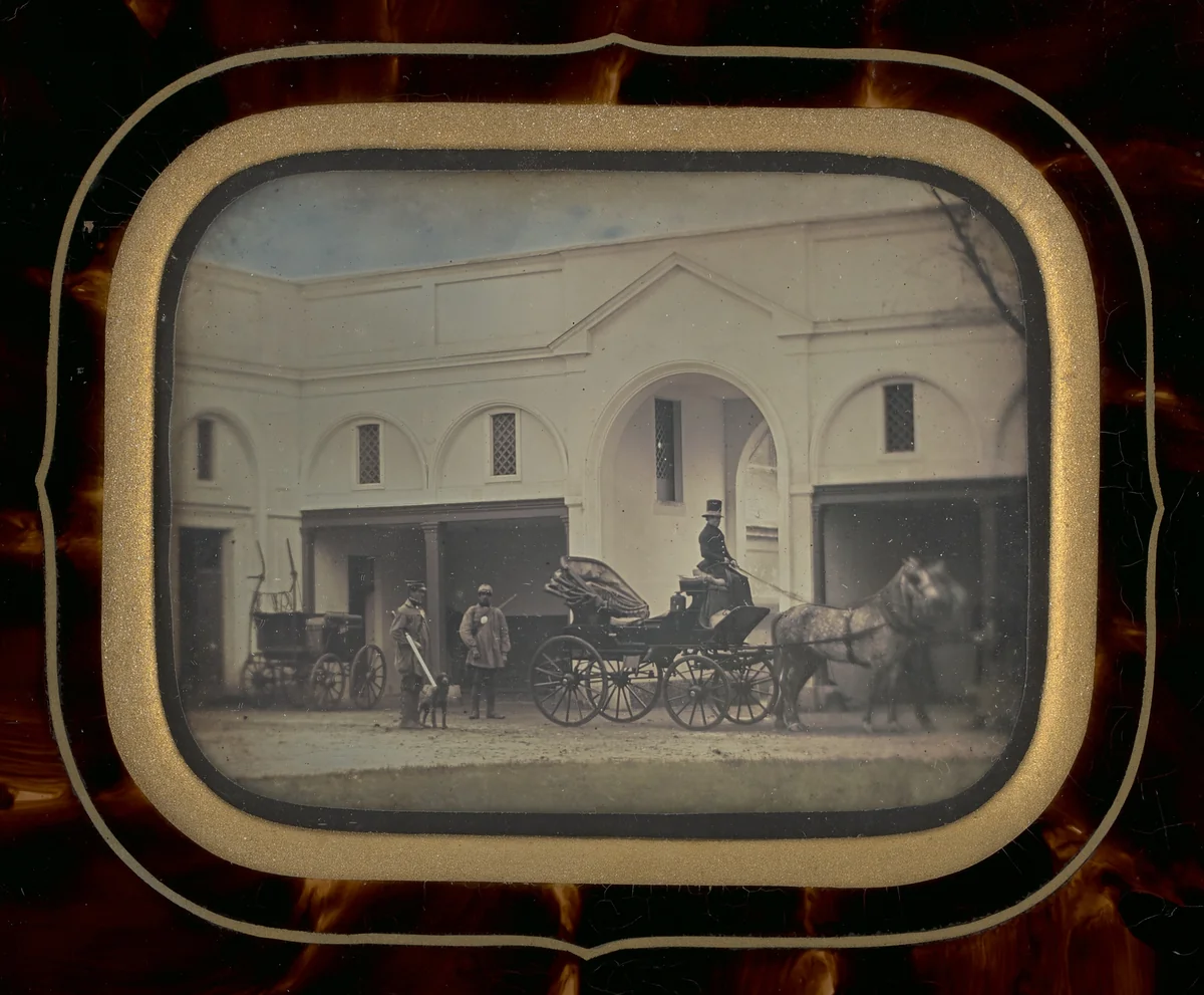Untitled (Three Men and Horse-Drawn Carriage) by Unknown maker, other, 1856