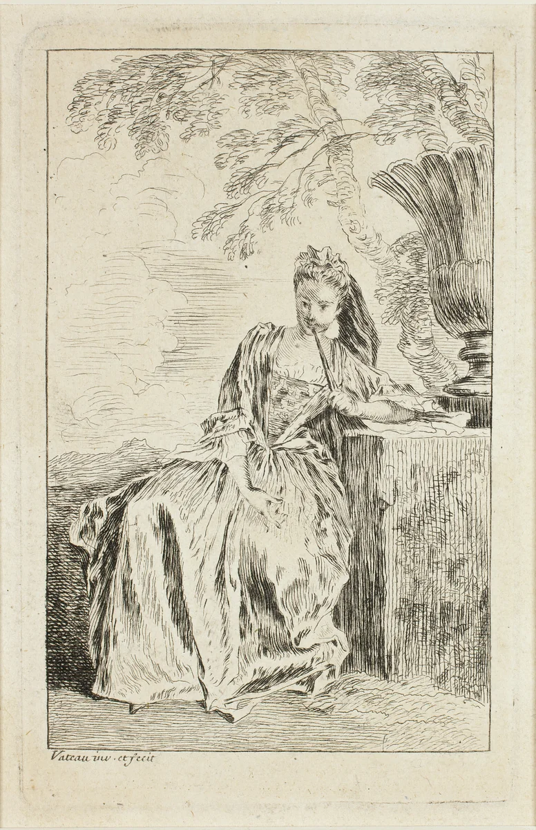 Seated Woman Leaning against a Plinth, from Figures de modes by Jean-Antoine Watteau, print, 1705-1715