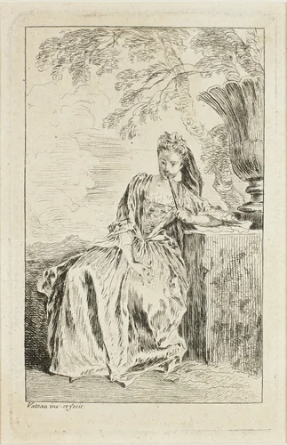 Seated Woman Leaning against a Plinth, from Figures de modes by Jean-Antoine Watteau, print, 1705-1715