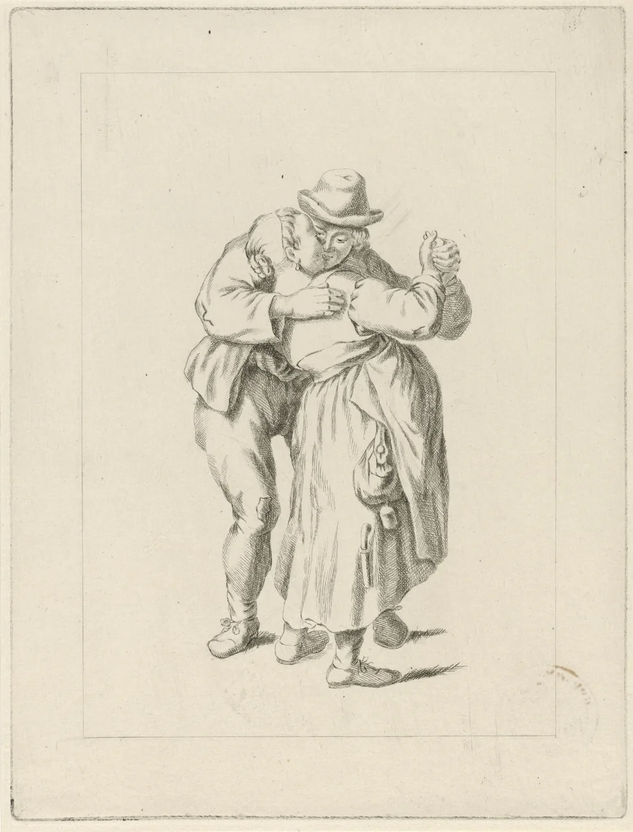 Kussend paar by Pieter de Mare, print, 1768-1796