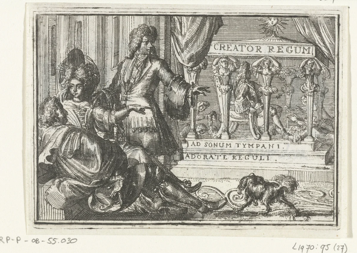 Titelblad voor het pamflet: Nebucadnezars Beeld Tot Versailles ten toon gesteld, om tot Madrid opgerigt te worden, 1702 by Romeyn de Hooghe, print, 1702