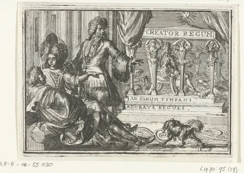 Titelblad voor het pamflet: Nebucadnezars Beeld Tot Versailles ten toon gesteld, om tot Madrid opgerigt te worden, 1702 by Romeyn de Hooghe, print, 1702