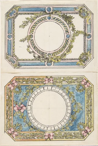 Two Separate Designs for the Top and Bottom of a Rectangular Gold Enameled Box with Canted Corners by Pierre Moreau, drawing, 1750-1777