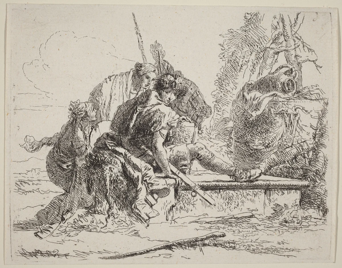 Soldier Seated on a Tomb with Surrounding Figures by Giovanni Battista Tiepolo, print, 1785