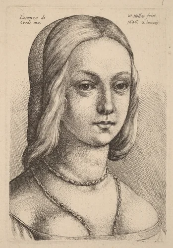 Head of Woman Looking Right by Wenceslaus Hollar, Lorenzo di Credi, print, 1607-1677
