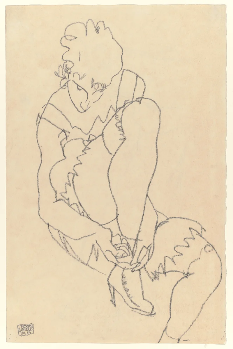Woman Buttoning Her Shoes (recto); Study for Reclining Nude with Arms Raised (verso) by Egon Schiele, drawing, 1915