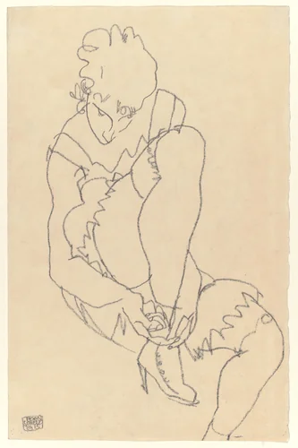 Woman Buttoning Her Shoes (recto); Study for Reclining Nude with Arms Raised (verso) by Egon Schiele, drawing, 1915