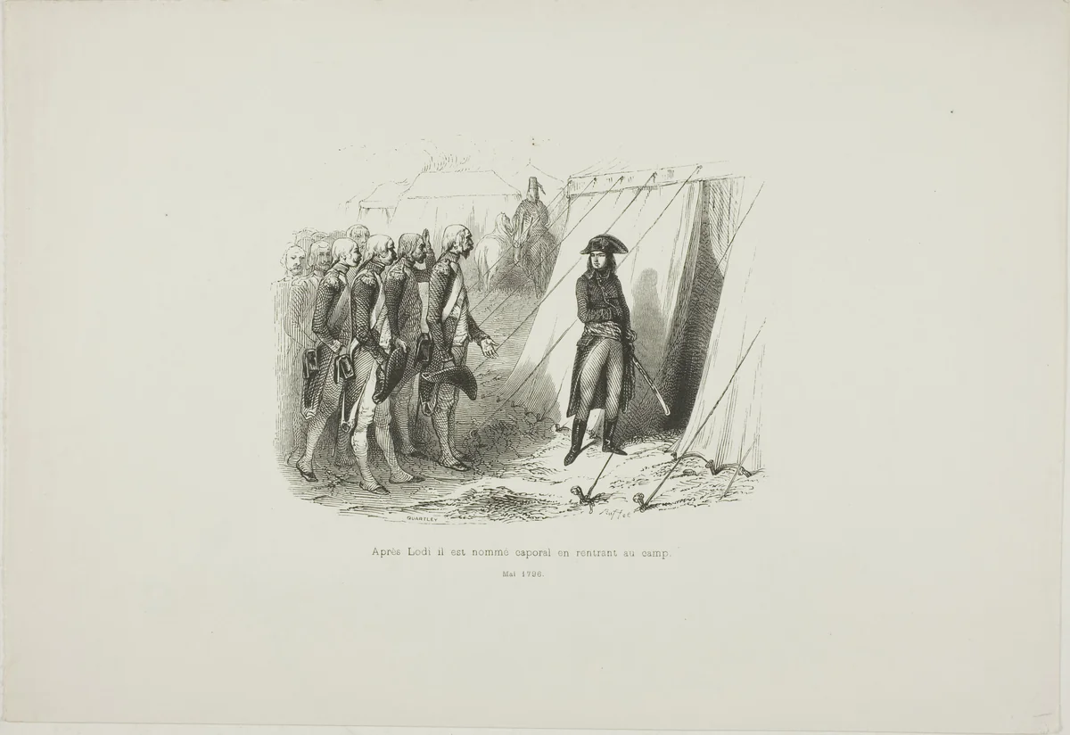 After Lodi, he is named corporal upon returning to camp by Denis Auguste Marie Raffet, print, 1839