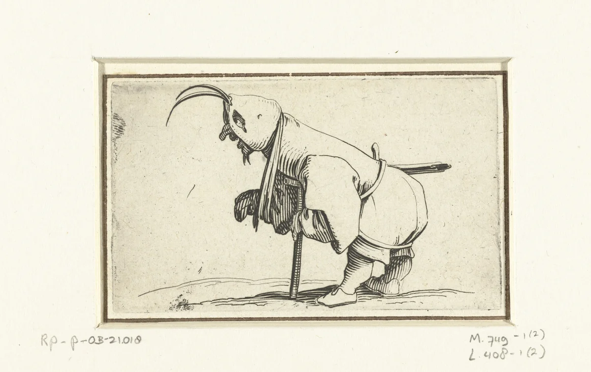 Kleine mens (karikatuur) met mitella, kruk en zwaard by Jacques Callot, print, 1621-1625