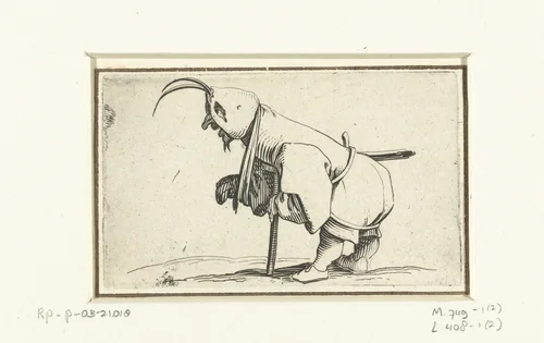 Kleine mens (karikatuur) met mitella, kruk en zwaard by Jacques Callot, print, 1621-1625
