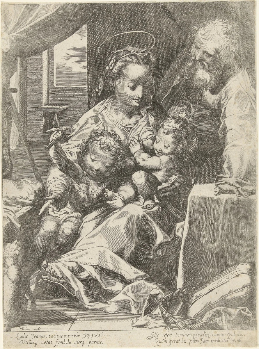 Heilige Familie met Johannes de Doper en kat (Madonna del Gatto) by anonymous, print, 1577-1624