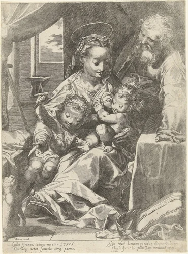 Heilige Familie met Johannes de Doper en kat (Madonna del Gatto) by anonymous, print, 1577-1624