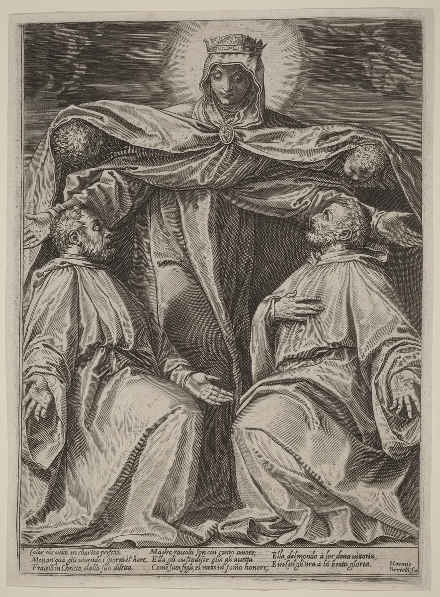 The Madonna Protecting Two Members of a Confraternity by Agostino Carracci, print, 1582