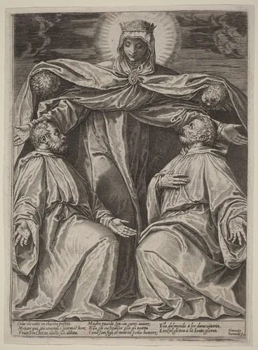 The Madonna Protecting Two Members of a Confraternity by Agostino Carracci, print, 1582