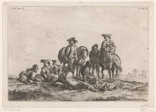 Reizigers rusten uit in een open veld by anonymous, print, 1636-1679
