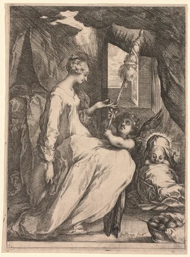 The Virgin and Child with Distaff and an Angel by Jacques Bellange, print, 1606-1618