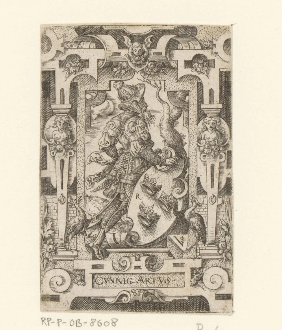 Koning Arthur met wapenschild in rolwerk omlijsting by Unknown, print, 1524-1562