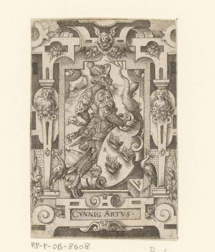 Koning Arthur met wapenschild in rolwerk omlijsting by Unknown, print, 1524-1562
