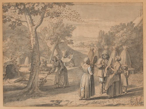 October, Drawing the Honey from the Beehives by Claude Simpol; Jacques Stella, drawing, 1640-1650