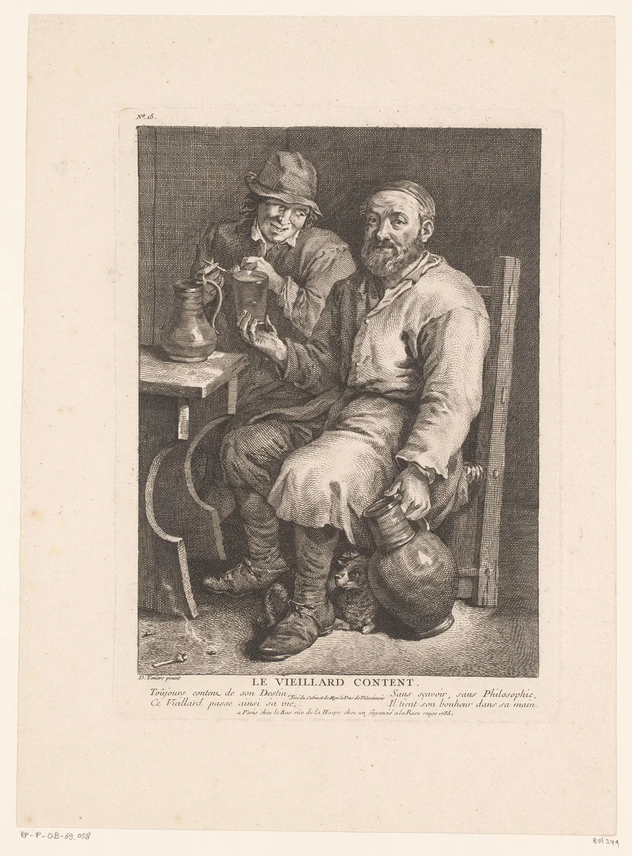 Drinkende man op een stoel in een herberginterieur by Jacques-Philippe Le Bas, print, 1735