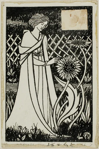 Decorative Study: Woman with Sunflowers by Aubrey Vincent Beardsley, drawing, 1892-1898