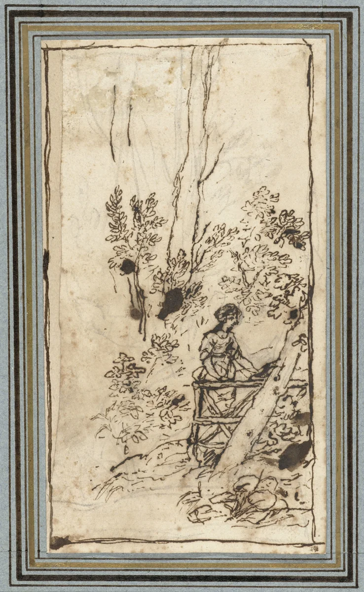 Jonge vrouw staande bij een hek in een bos by Claude Lorrain, drawing, 1665-1670