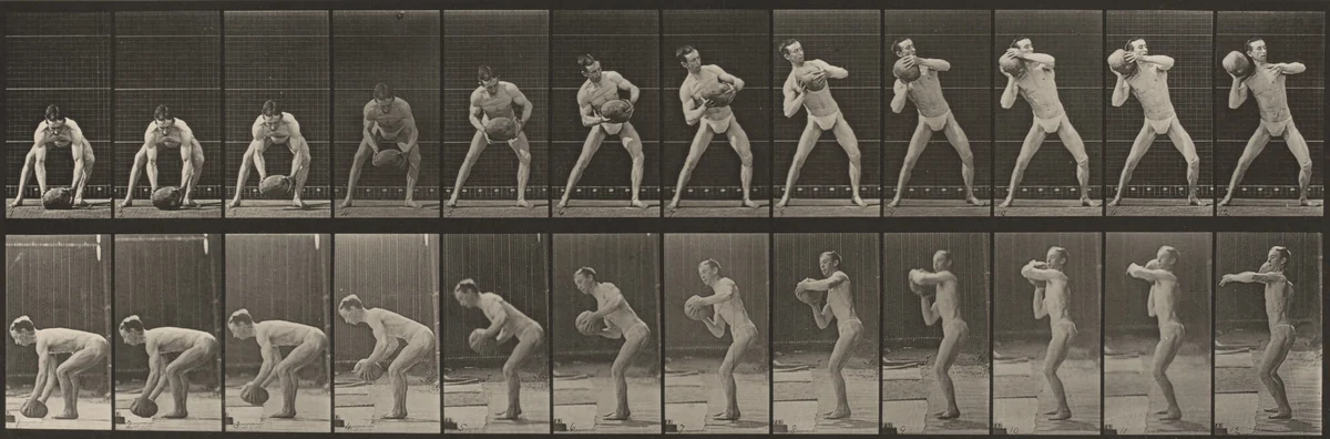 Plate Number 318. Lifting a 75-lb. rock by Eadweard Muybridge, photograph, 1887