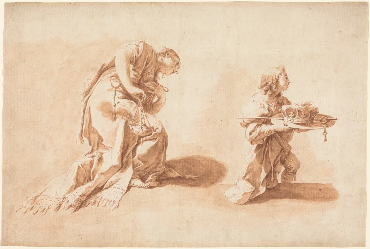 A Kneeling Woman with an Incense Burner and a Page Holding a Crown and Scepter by Anton Kern, drawing, 1726