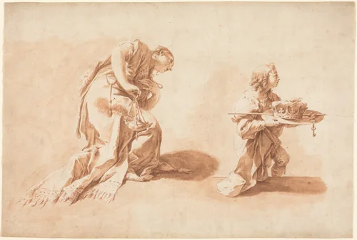 A Kneeling Woman with an Incense Burner and a Page Holding a Crown and Scepter by Anton Kern, drawing, 1726