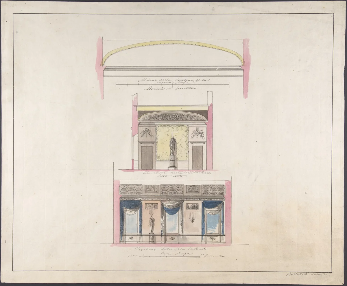Elevation "della nuova Galleria" by Giovanni Battista Silvestri, drawing, 1796-1873