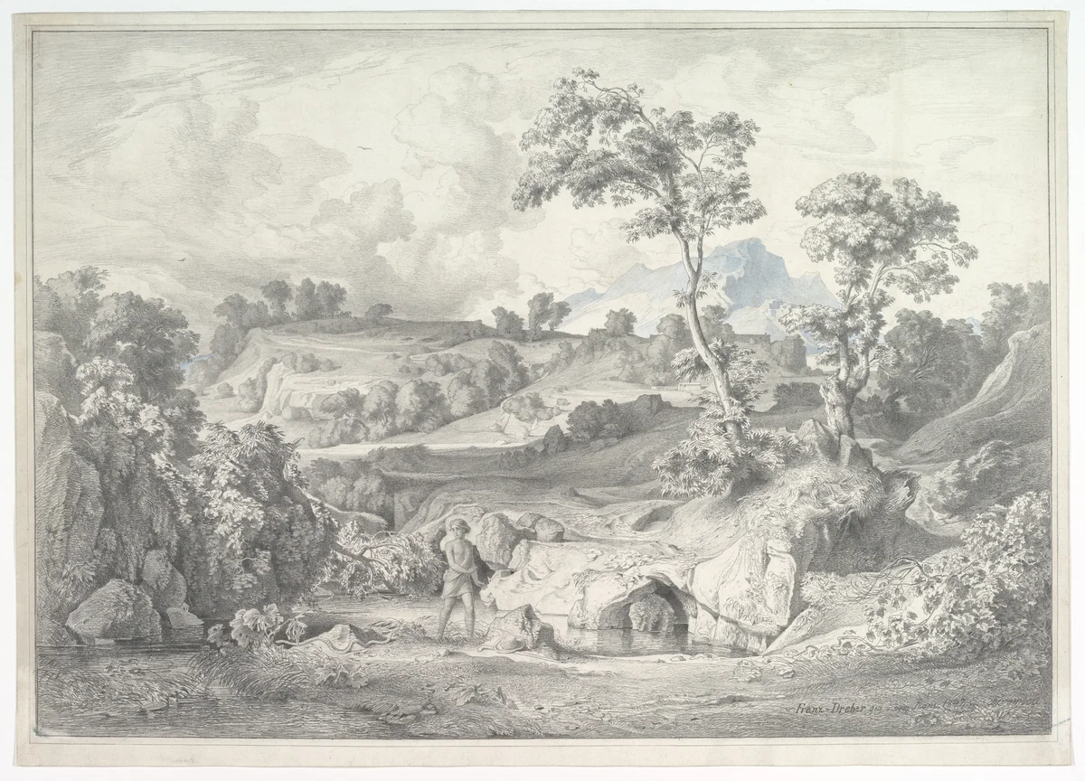 Southern landscape with a man and a snake by Heinrich Dreber, drawing, 1847