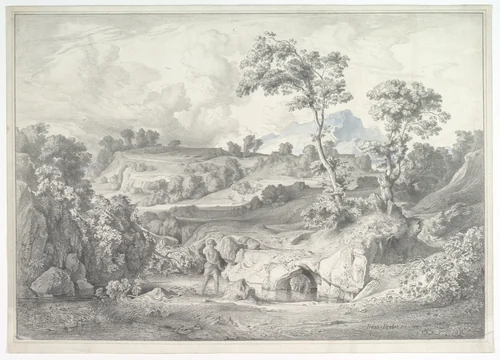Southern landscape with a man and a snake by Heinrich Dreber, drawing, 1847