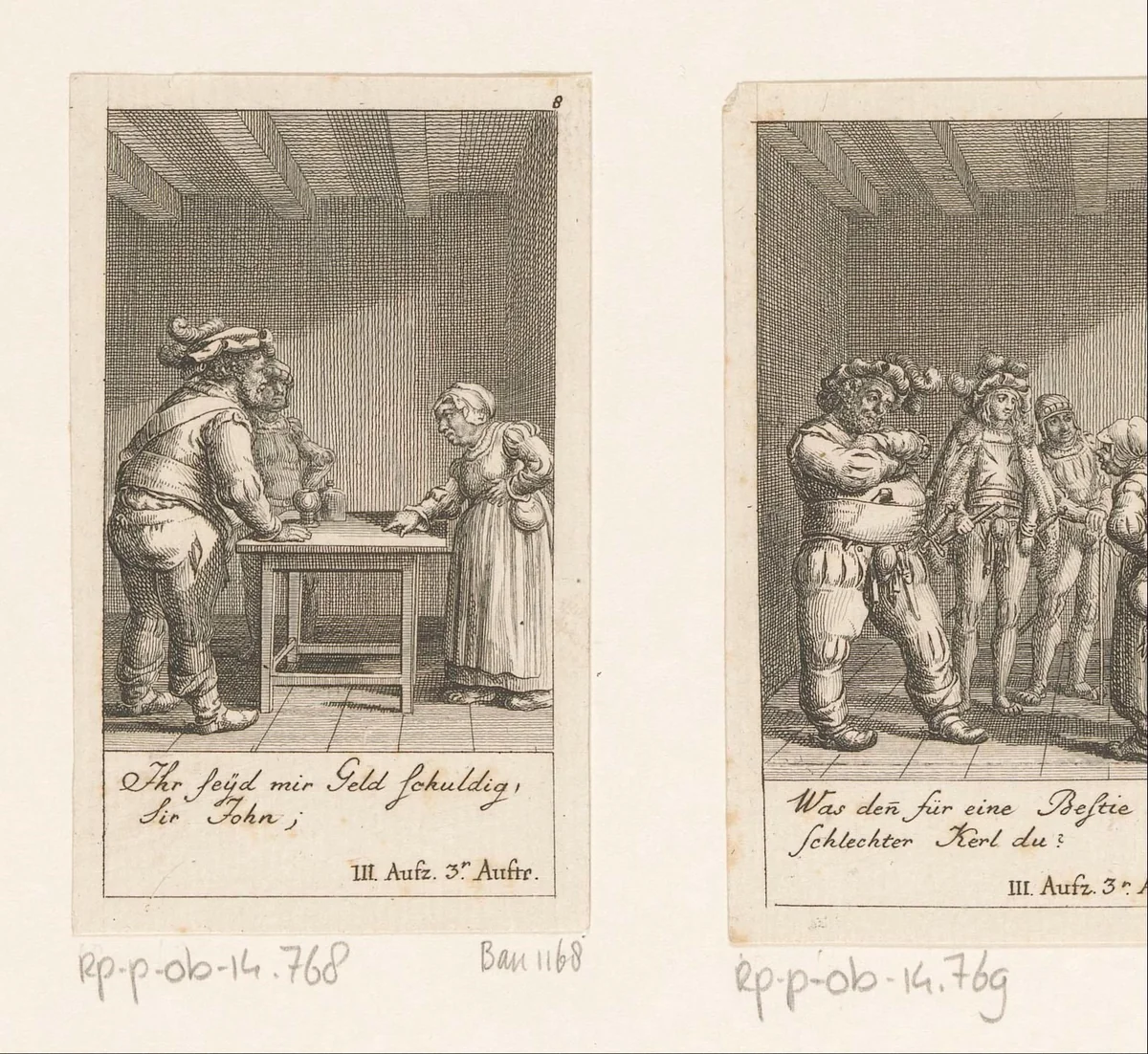 Falstaff beschuldigt de waardin van diefstal by Daniel Nikolaus Chodowiecki, print, 1785