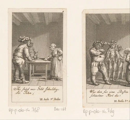 Falstaff beschuldigt de waardin van diefstal by Daniel Nikolaus Chodowiecki, print, 1785