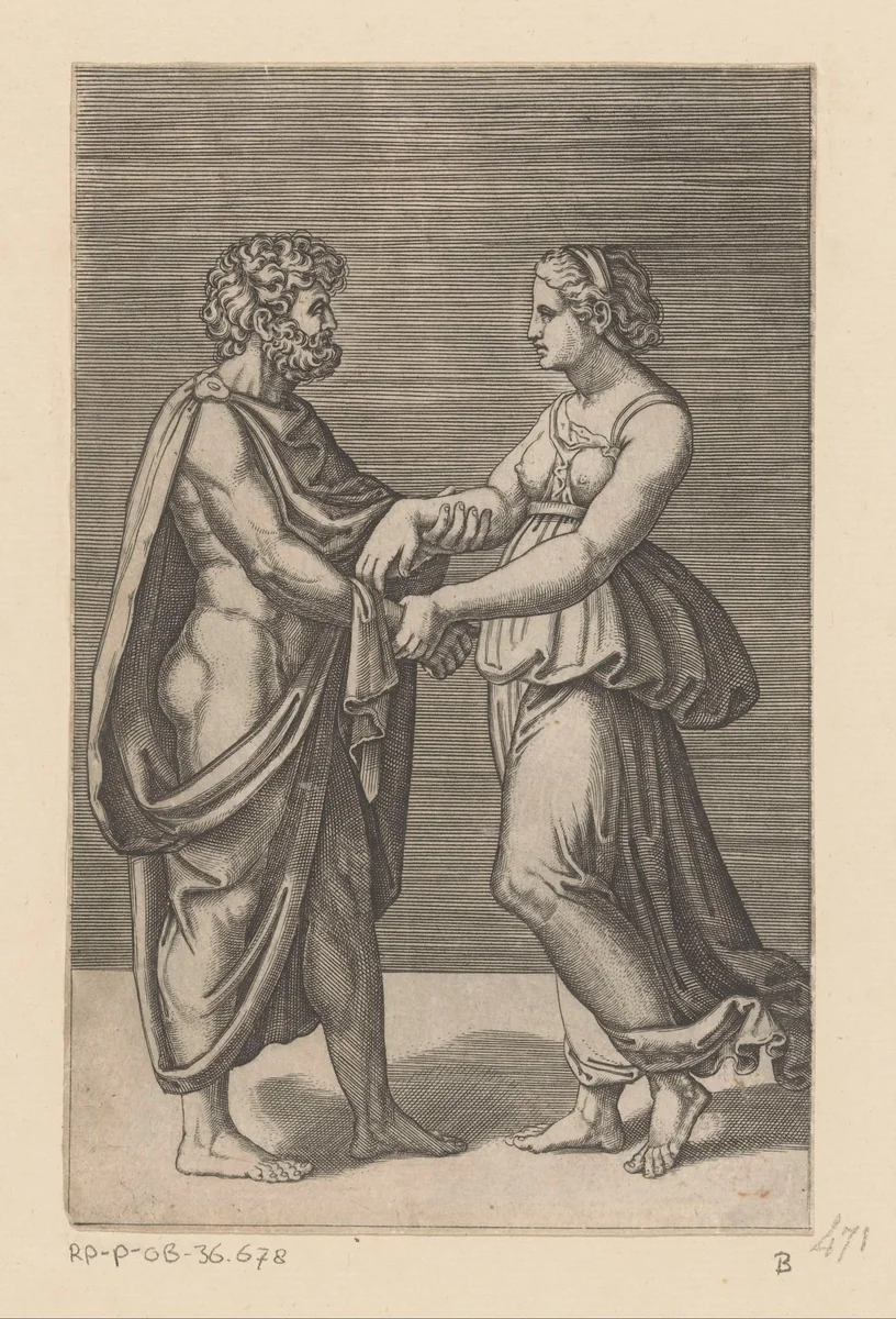 Man en vrouw elkaar bij de arm vasthoudend by Agostino Veneziano, print, 1500-1536