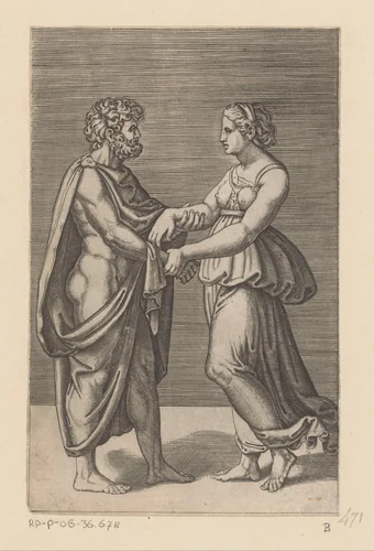 Man en vrouw elkaar bij de arm vasthoudend by Agostino Veneziano, print, 1500-1536