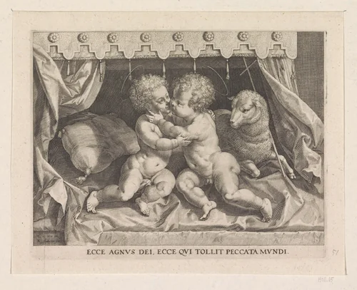 Christus en Johannes de Doper als kinderen by Unknown, print, 1570-1632