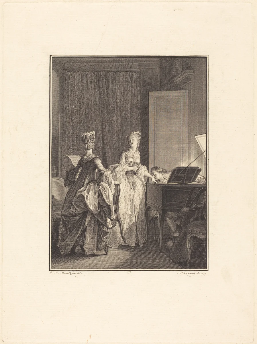 Il appliqua sur cette main un baiser que je sentis sur mon coeur by Nicolas Delaunay; Jean-Michel Moreau the Younger, print, 1777