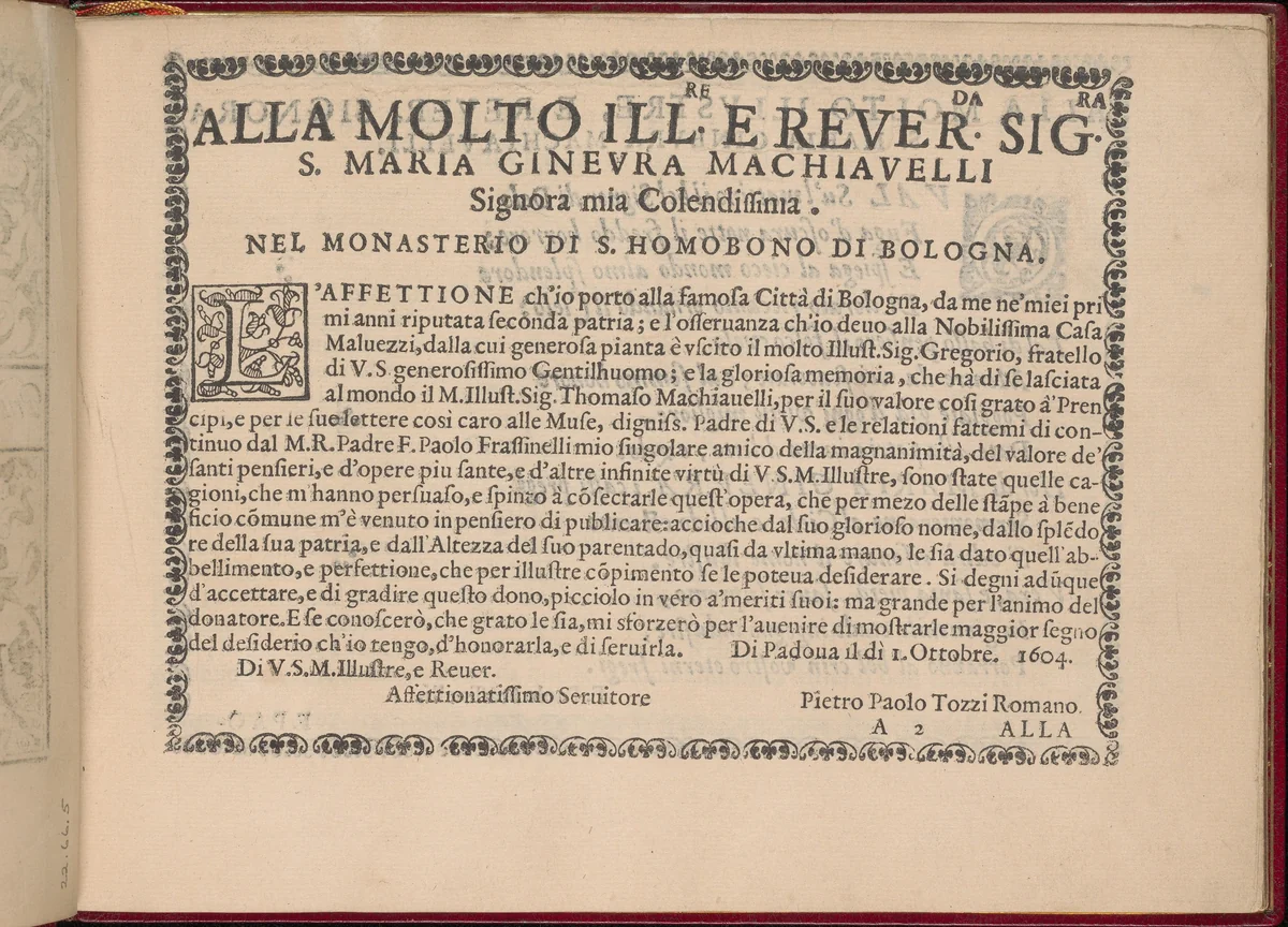 Ghirlanda: Di sei vaghi fiori scielti da piu famosi Giardini d'Italia, page 2 (recto) by Pietro Paulo Tozzi, book, 1604