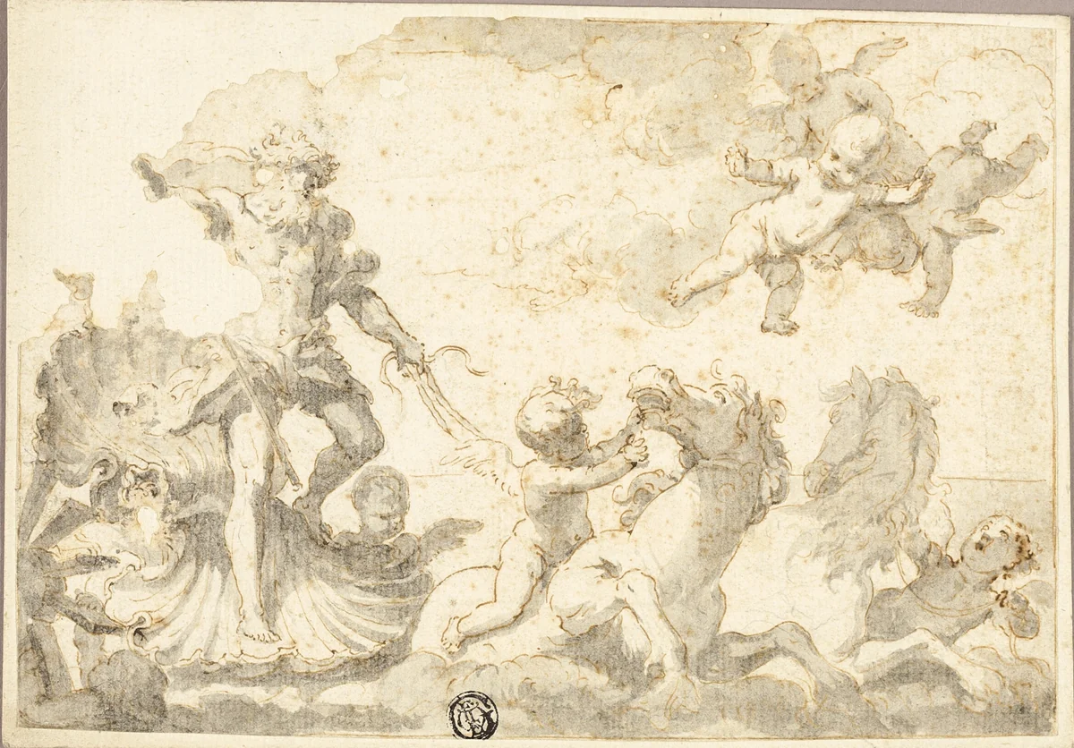 Neptune Riding His Chariot in the Sea by Unknown Artist, drawing, 1700-1799