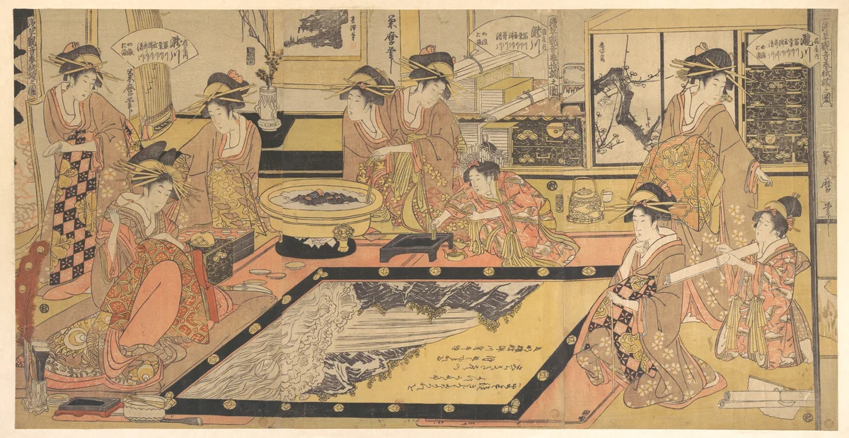 A Votive Picture to Be Donated to the Kannon of Asakusa (Asakusa Kannon hō kakegaku no zu), by Takigawa of the Ōgiya, Kamuro Menami and Onami, with Tomikawa, Kumegawa, Tamagawa, Tsugawa, Utagawa, and Kiyokawa by Kitagawa Kikumaro, print, 1790-1810
