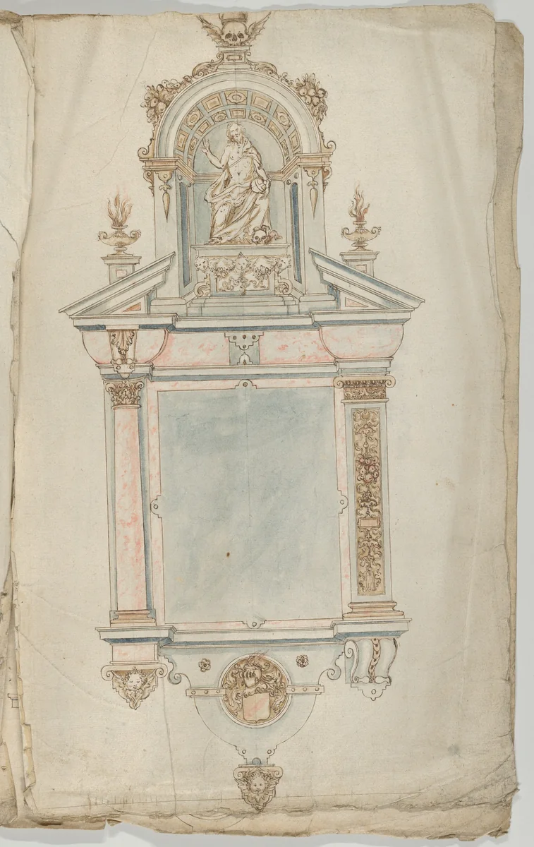 Design for a Wall Tomb with a Variant and a Statue of Christ as Salvator Mundi by anonymous, drawing, 1600-1699