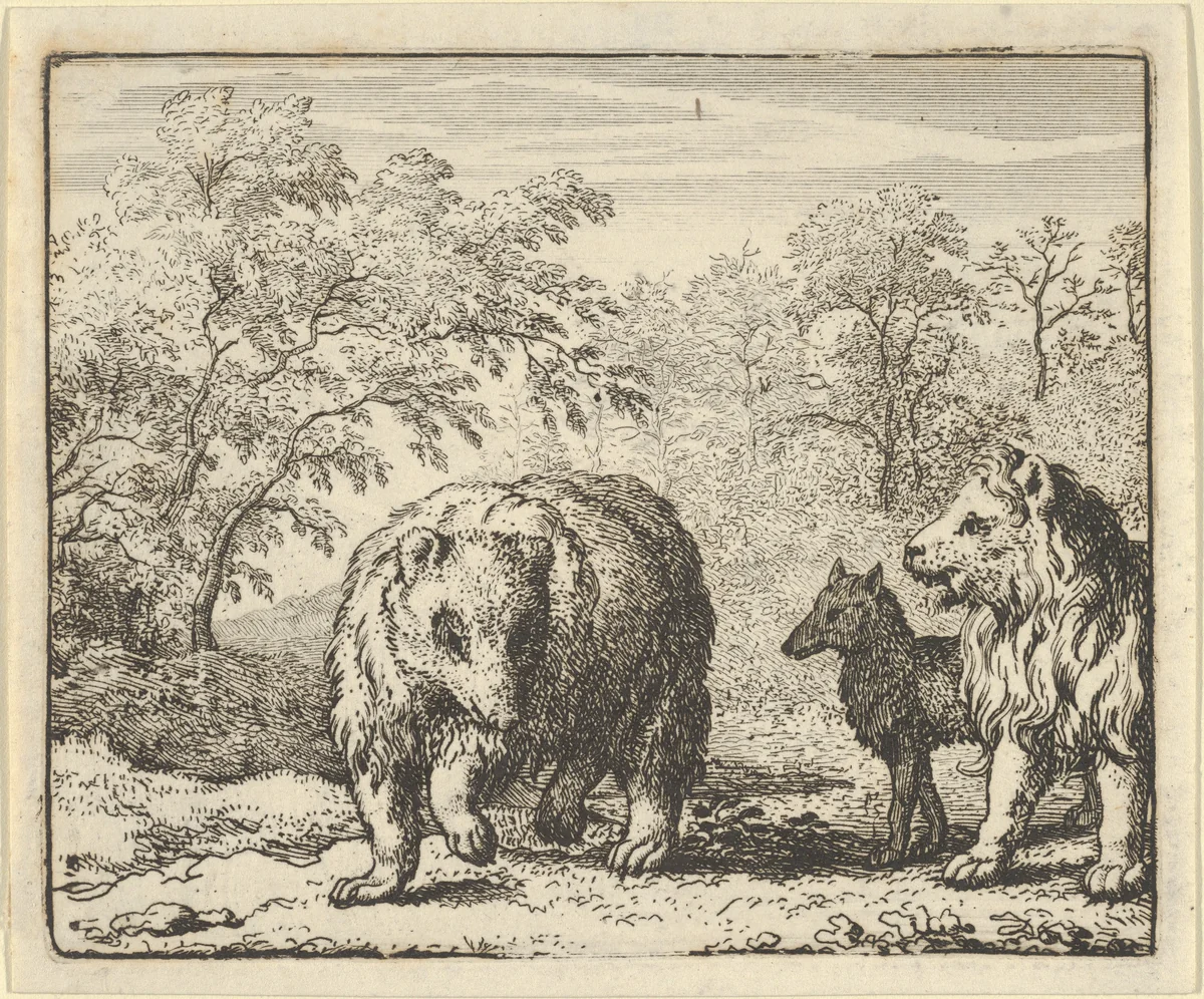 The Lion Frees the Bear and the Wolf from Hendrick van Alcmar's Renard The Fox by Allart van Everdingen, print, 1650-1675